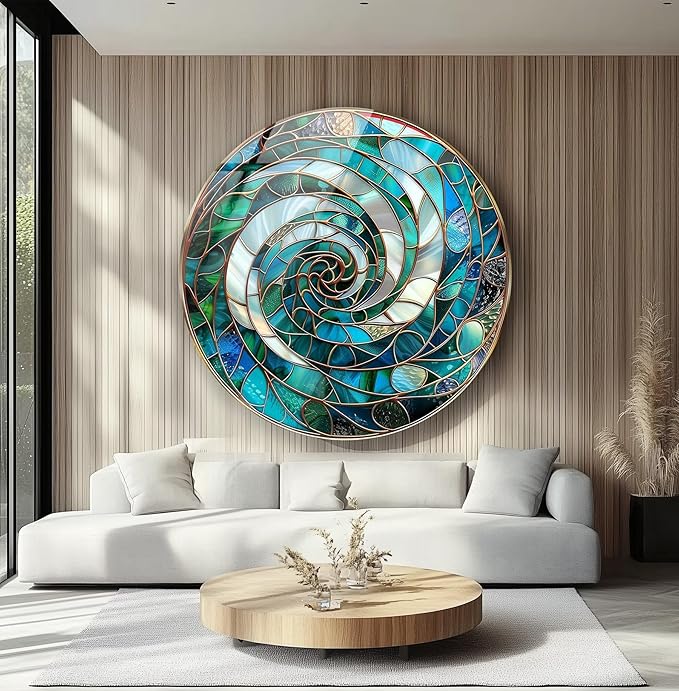 My Photostation.com 10''(25cm) Diameter Aqua Spiral Harmony Round Glass Wall Art Tempered Glass Printing Wall Decor Large Wall Art Wall Hangings