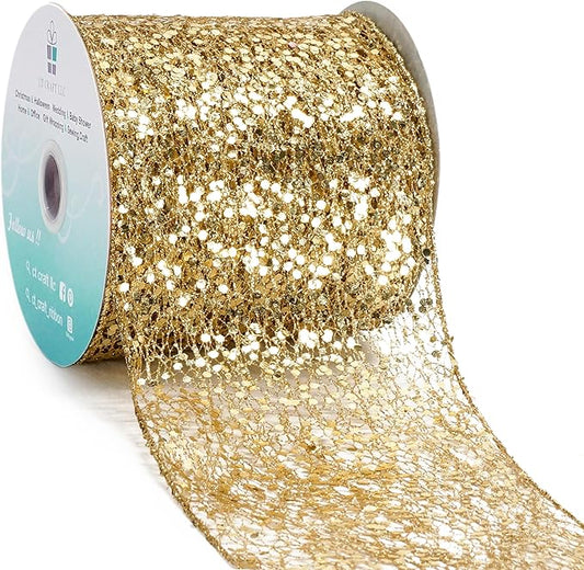 CT CRAFT LLC Sparkling Glitter Mesh Wired Ribbon 4" x 10 Yards Gold for Christmas Home Decor Bow Gift Wrapping DIY Crafts Wreath
