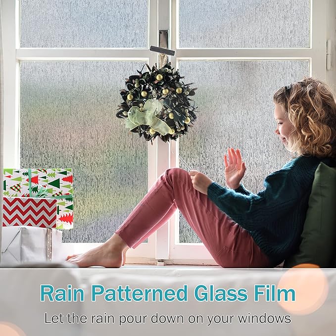 VELIMAX Rain Glass Window Film Privacy Static Window Clings Decorative Glass Sticker for Home Office Removable UV Protection Heat Control 17.7 x 118 inches