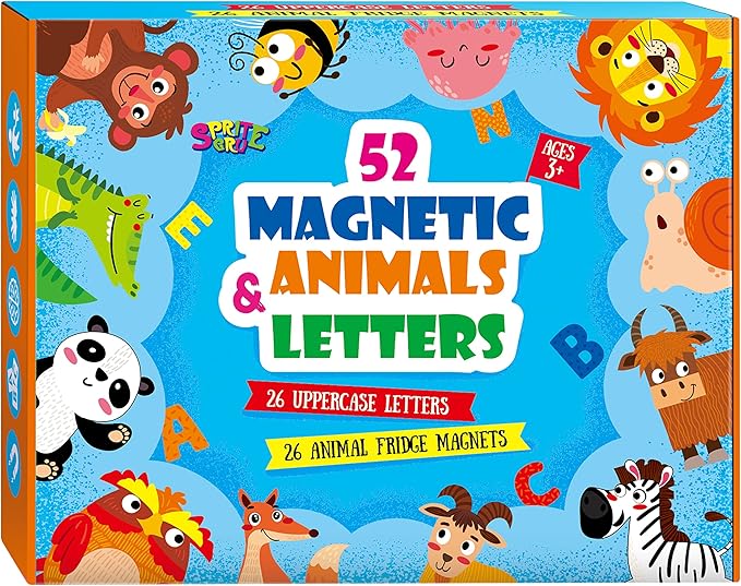 Large Magnetic Letters and Animals, Educational Learning Tool for Kids Word Recognition 52 Pieces Magnets Include 26 Colorful Alphabet Letters and Corresponding Cartoon Images