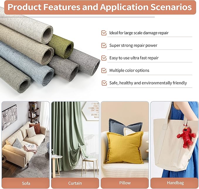 KING MOUNTAIN Fine Linen Repair Patches, Self-Adhesive Linen Fabric Patches, 12X40 inch Extra Size, Multi Color, Can be Used for Linen Sofa Repair and Linen Clothes Repair (12" x 40", Light Grey 3.0)