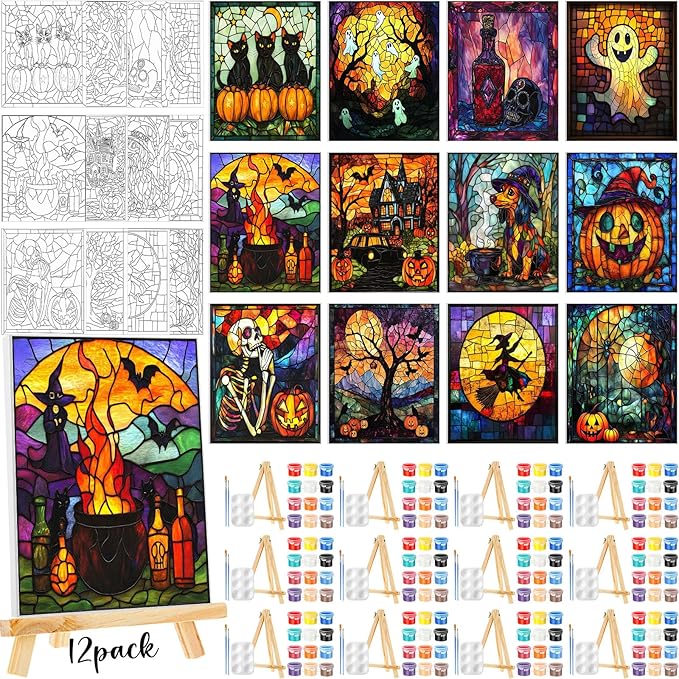 Zhanmai 12 Pack Pre Drawn Canvas for Painting Sip and Paint Kit 8" x 10" Paint Party Set Canvas Painting Pre Printed Canvases for Party Favor DIY Virtual Adult's Date Night (Vivid Ghost)