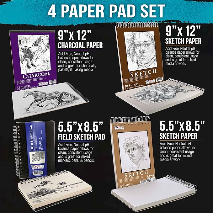 U.S. Art Supply 50 Piece Adult Coloring Book Artist Grade Colored Pencil Set with 4 Styles of Sketching & Drawing Paper - Sketching Shading Blending, Students Adults Beginners