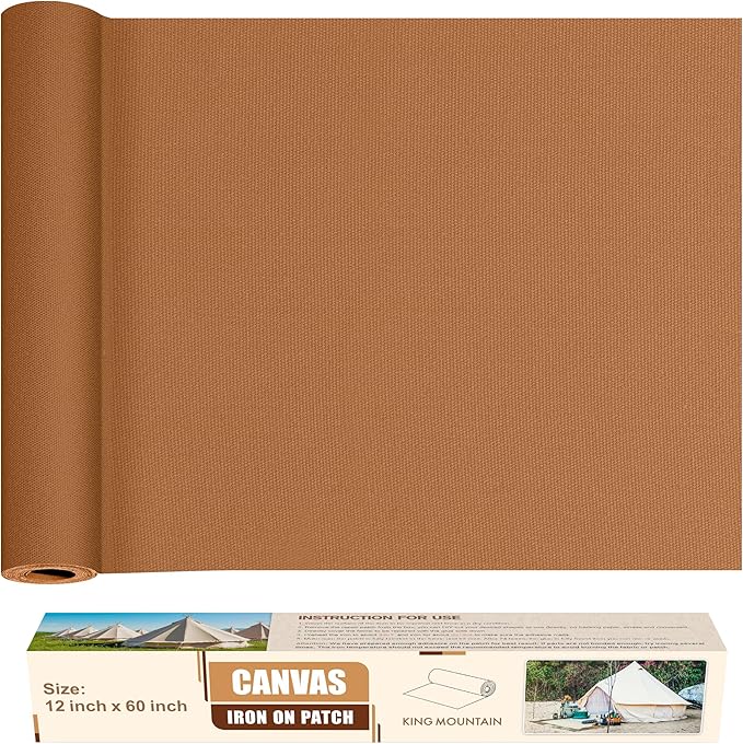 KING MOUNTAIN Canvas Iron on Patch,12"×60",Waterproof 100% Cotton Fabric Repair Patch,Used for Various Sofa,Tent,Clothes,Seats,Suitcases (Brown,Waterproof)