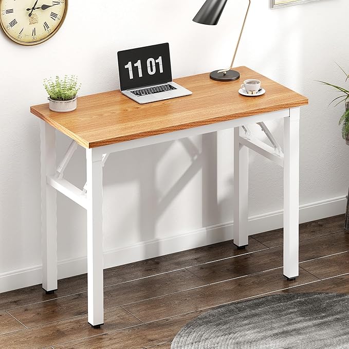 Need Folding Computer Desk - 31.5 Inch Foldable Office Writing Work Study Kids Student Teacher Home Bedroom Table for Small Space, Teak White