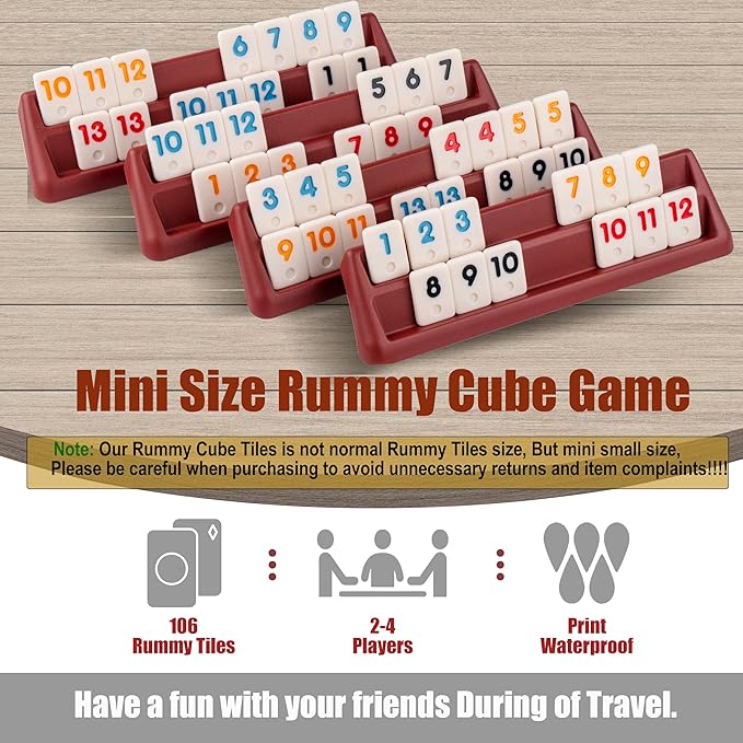 Smilejoy Mini Rummy Cube 4 Players Edition,Travel Rummy Game Set with Portable Canvas Bag,Classic Board Game for Adults and Kids |106 Tiles | 4 Playing Racks |1 Dice | (2-4 Player) ﻿