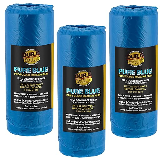 Dura-Gold 72" x 59' Pure Blue Pre-Folded Masking Film, (3 Pack) Painters Plastic Roll (0.4 Mil), Pull Down Drop Sheet, Pre-Folded Plastic Sheeting for Painting Protection on Auto, Walls, Furniture