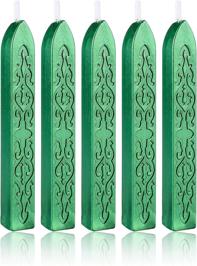 Metallic Green Sealing Wax Sticks, Yoption 5 Pcs Totem Fire Manuscript Wax Seal Sticks with Wicks for Wax Seal Stamp (Metallic Green)