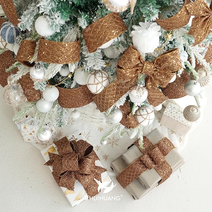 HUIHUANG Glitter Copper Wired Ribbon 2.5 inch Copper Diamond Mesh Wire Edge Ribbon for Christmas Tree, Thanksgiving Fall Decor, Wreaths, Garland, Gift Wrapping, Bows Making -10 Yards
