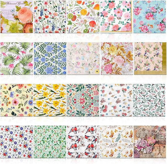 Crtiin 20 Pack Assorted Floral Napkins for Decoupage Toilet Napkins Flower Cocktail Decorative Paper for Birthday Party Beautiful Gorgeous, 20 Styles Each 6.5 inches(Style 2)
