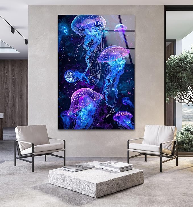 My Photostation.com 27Wx43H'' Glowing Jellyfish Glass Wall Art Tempered Glass Printing Wall Decor Large Wall Art Wall Hangings