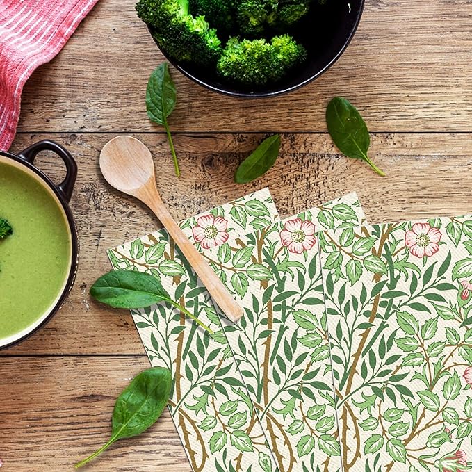 80PCS William Morris Paper Napkins, Greenery Floral Guest Disposable Napkins – Golden Lily & White Green Wildflowers Design Dinner Hand Napkins for Wedding, Bridal Shower,Vintage Floral Table Supplies