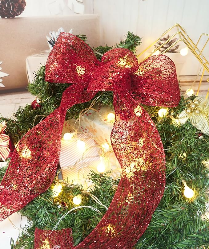 CT CRAFT LLC Sparkling Glitter Mesh Wired Ribbon 4" x 10 Yards Red for Christmas Home Decor Bow Gift Wrapping DIY Crafts Wreath