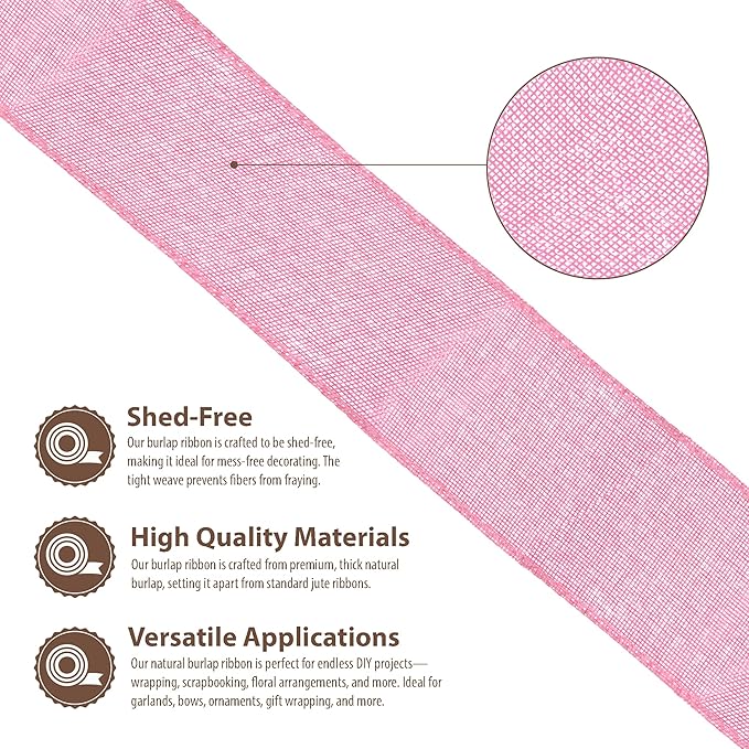 Mandala Crafts Pink Burlap Wired Ribbon 3 Inches Wide Jute Ribbons for Crafts - 10 Yds Roll Rustic Burlap Wrap Trim Ribbons for Wreaths Bows Party Decoration