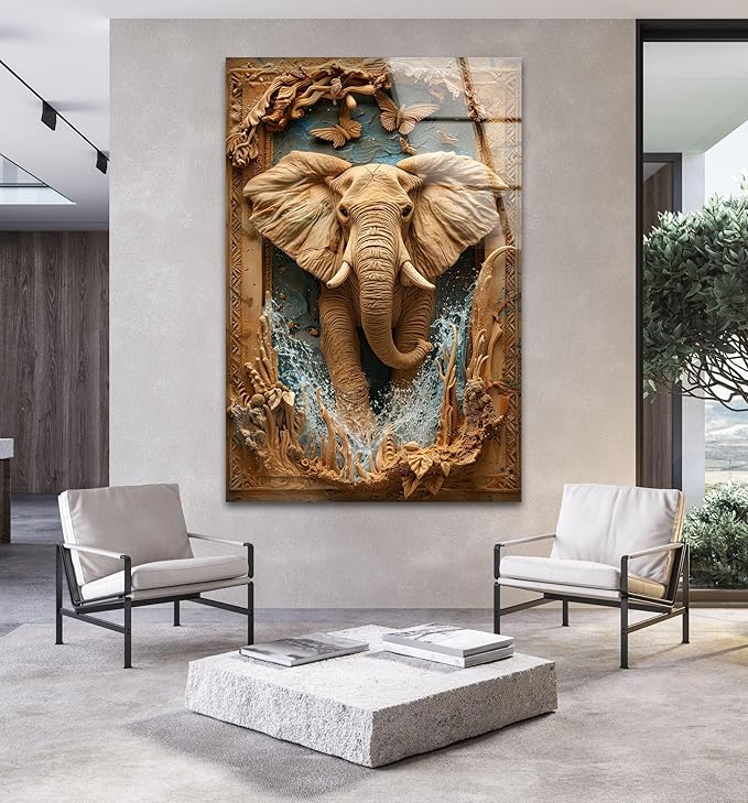 My Photostation.com 14Wx20H'' Elephant Carving Glass Wall Art Tempered Glass Printing Wall Decor Large Wall Art Wall Hangings
