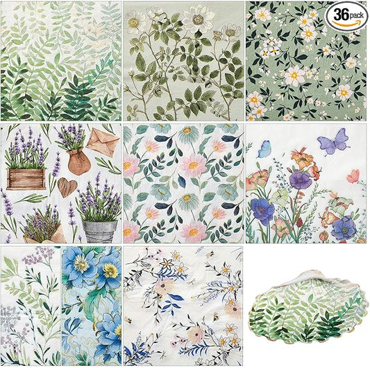 Crtiin 36 Pack 9 Styles Decoupage Napkins Assorted Floral Decorative Decoupage Napkins Chinoiserie Cocktail Paper for DIY Crafting Birthday Party, Each Unfolded 13 Inch(Fresh Plants)