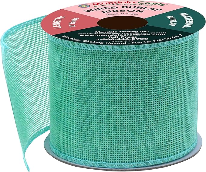 Mandala Crafts Turquoise Burlap Wired Ribbon 3 Inches Wide Jute Ribbons for Crafts - 10 Yds Roll Rustic Burlap Wrap Trim Ribbons for Wreaths Bows Party Decoration