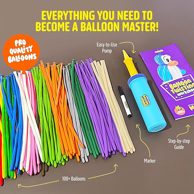 Balloon Animal Twisting Kit with Pump for Kids - Boy & Girl Christmas Gift - Birthday Gifts for Girls and Boys - Arts and Crafts for Kid Ages 8-12 - 6 7 8 9 10 11 12 Year Old - Animals Balloons