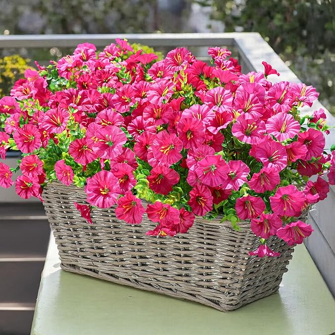 Artificial Flowers Fake Plants for Outdoors Decoration, 12 Bundles Silk Morning Glory with Eucalyptus Realistic UV Resistant Fuchsia Faux Flowers for Outside Planter Yard Patio Garden Home Indoor
