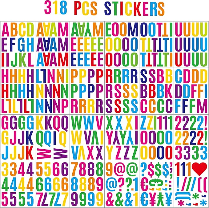 318Pcs 2inch Vinyl Letter & Numbers Stickers, Large Stick on Alphabet for Bulletin Board, Scrapbooking,Mailbox, House, Door, Wall,Scrapbook, Wall, Waterproof self Adhesive (Multi Color)