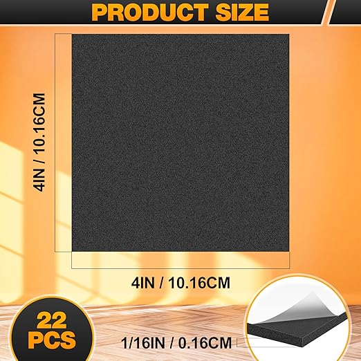 MYFAMIREA 22 PCS Adhesive Foam Padding Sheets Closed Cell Self Adhesive Sticky Foam Pads, 1/16" Thick 4'' x 4'' Neoprene Rubber Sheets Non-Slip Insulation Pads Vibration for Furniture Craft Car, Black