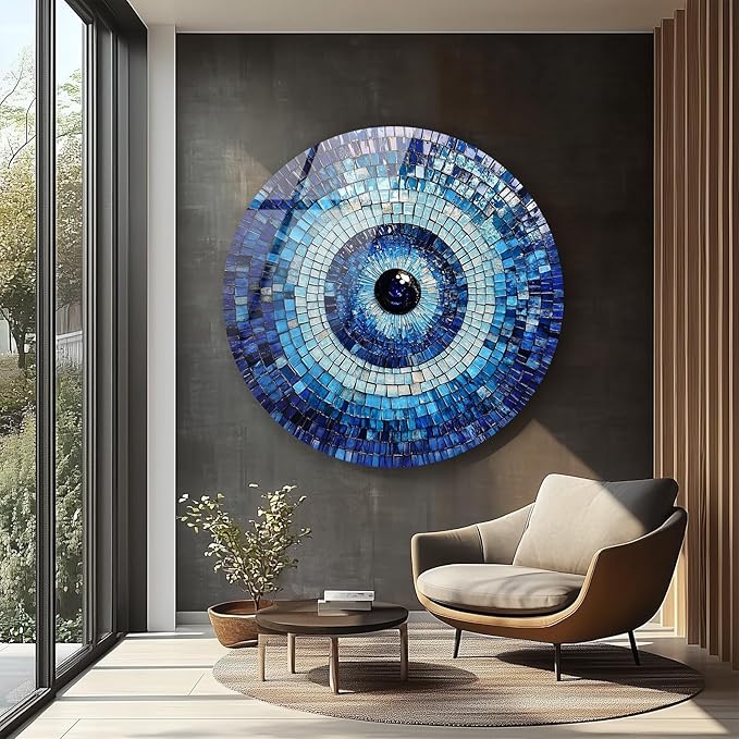 My Photostation.com 15.8''(40cm) Diameter Blue Mosaic Evil Eye Round Glass Wall Art Tempered Glass Printing Wall Decor Large Wall Art Wall Hangings