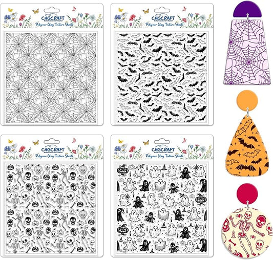 CHGCRAFT 4 Pcs Halloween Elements Polymer Clay Texture Sheets Ghosts Silicone Texture Stamp Skeletons Clay Texture Mat Modeling Pattern Pad Sheets for Jewelry and Earrings Tools, 5.5x5.5 inch