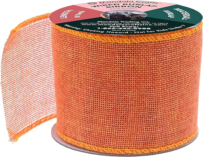 Mandala Crafts Orange Burlap Wired Ribbon 3 Inches Wide Jute Ribbons for Crafts - 10 Yds Roll Rustic Burlap Wrap Trim Ribbons for Wreaths Bows Party Decoration