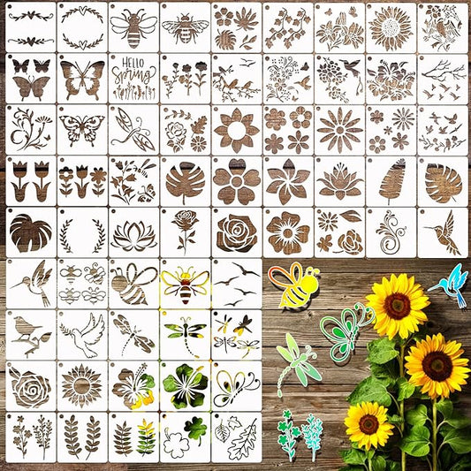 65Pcs Small Stencils for Painting on Wood Reusable, 3 Inch Reusable Stencil for Craft Ornament Paint Template Stencils for Wall Card Rock Wood Signs Coasters Canvas Home Decor (Flower)