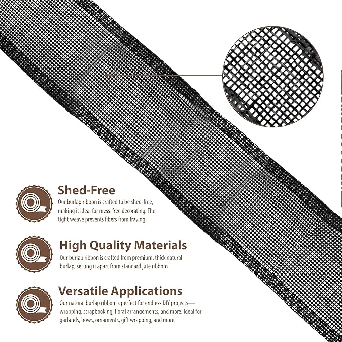Mandala Crafts Black Burlap Ribbon 3 Inches Wide Jute Ribbons for Crafts - 20 Yds Roll Rustic Burlap Wrap Trim Ribbons for Wreaths Bows Wedding Party Decoration