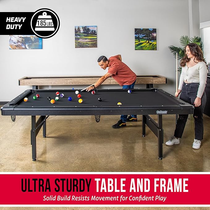 GoSports 6, 7, or 8 ft Billiards Tables - No Assembly, Choose Your Color - Portable Pool Table Includes Full Set of Balls, 2 Cue Sticks, Chalk and Felt Brush