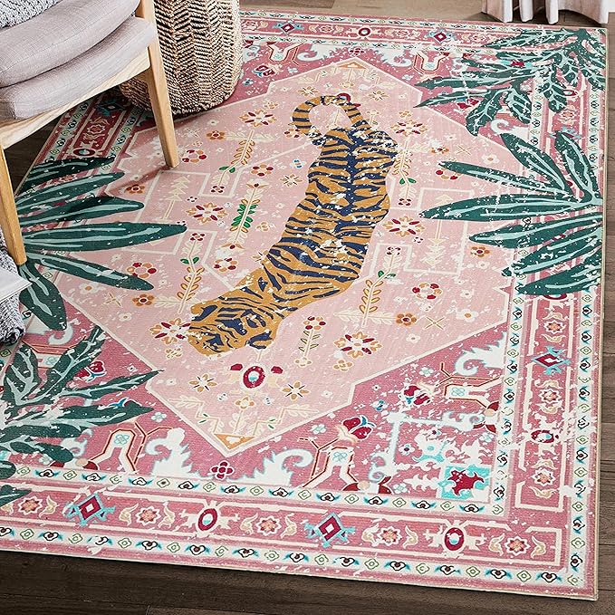 Washable Hippie Rugs Boho Vintage Tropical Jungle 4x6 Area Rugs Accent Oriental Carpet for Bedroom Kitchen Dining Living Room Modern Indoor Entry Entrance Tribal Floor Rug