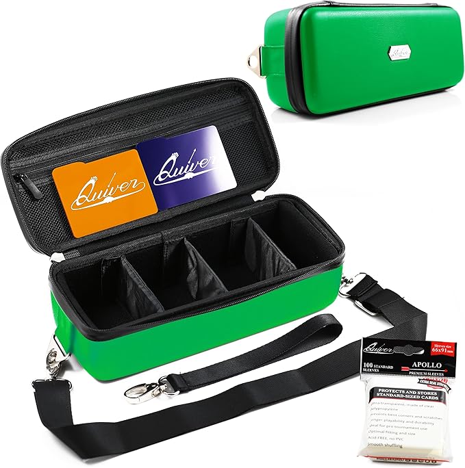 Quiver Time Green Bolt Card Carrying Case fits Pokemon Cards and other TCG Games - Storage Bag for Playing/Trading Cards and Deck Box (Straps, Dividers & 100 Apollo Card Sleeves)
