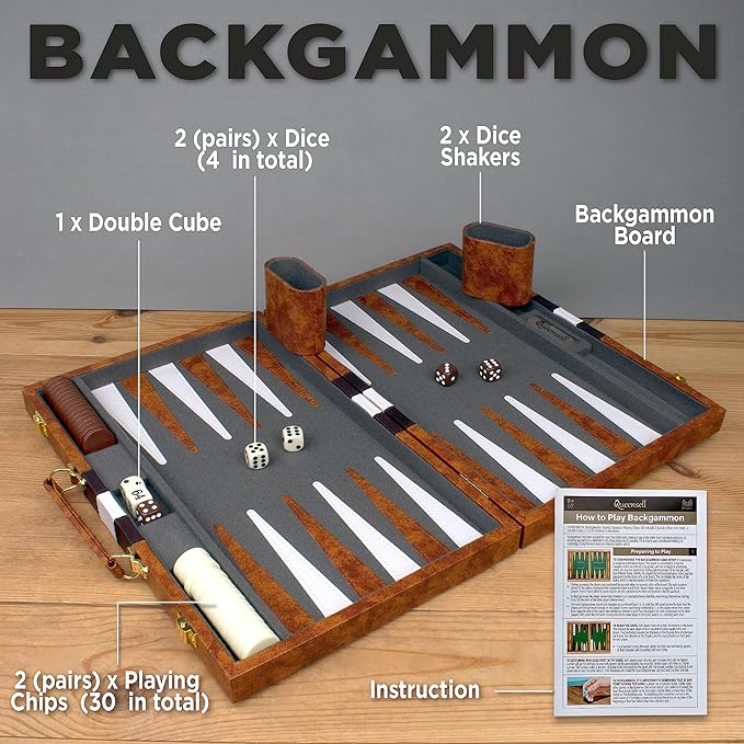 Large Backgammon Sets for Adults - Classic Board Games for 2 Players Adults and Kids - Premium Backgammon Set 15 inch Board and 32 Backgammon Pieces in Quality PU Leather Case - Gift for Man