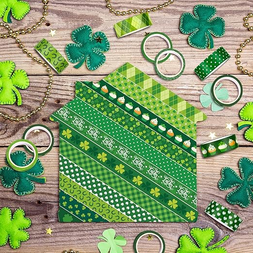 Whaline 12 Rolls St. Patrick's Day Washi Tape Green Shamrock Washi Masking Tape 15mm Clover Plaids Lucky Holiday Paper Tape Sticker for Irish Party Scrapbook Gift Packing DIY Craft Decor, 16.4Ft