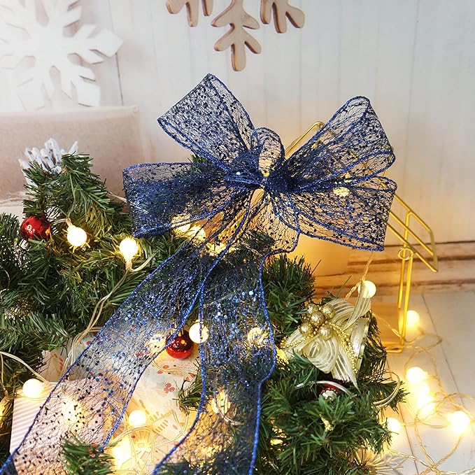CT CRAFT LLC Sparkling Glitter Mesh Wired Ribbon 2.5" x 20 Yards Blue Navy for Christmas Home Decor Bow Gift Wrapping DIY Crafts Wreath