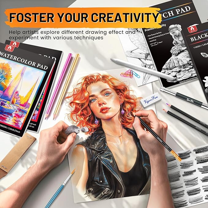 133 PCS Art Supplies Sketching Kit, Pro Drawing Pencils with Sketchbook, Coloring Book, Watercolor Pad, Black Paper Pad, Colored Graphite Charcoal Watercolor & Metallic Pencils for Artists Adults Kids