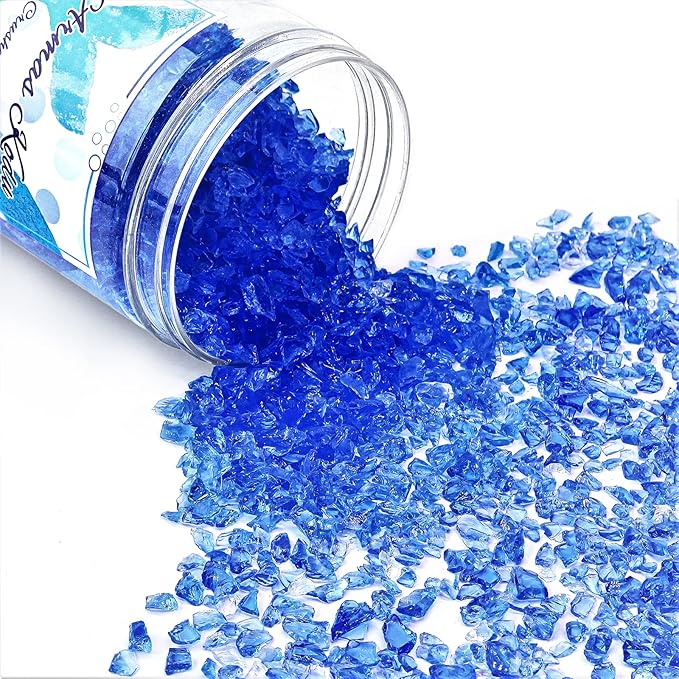 Crushed Glass for Resin Art - 3-6mm Ocean Blue, 1.5lb | Broken Glass Pieces for Crafts, Vase Filler & Fire Pit Media | Decorative Stones