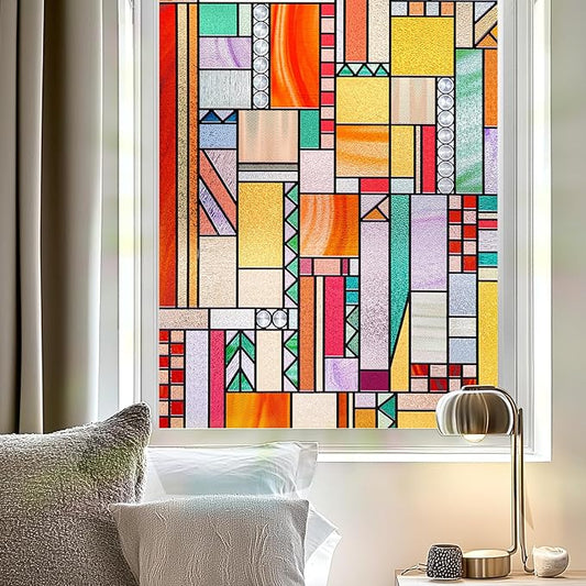 3D Stained Glass Window Privacy Film, Heat Control UV Blocking Static Cling Decorative Window Film for Bathroom,Front Door,Home Non Adhesive,23.6 x 35.4 inches Autumn Reverie