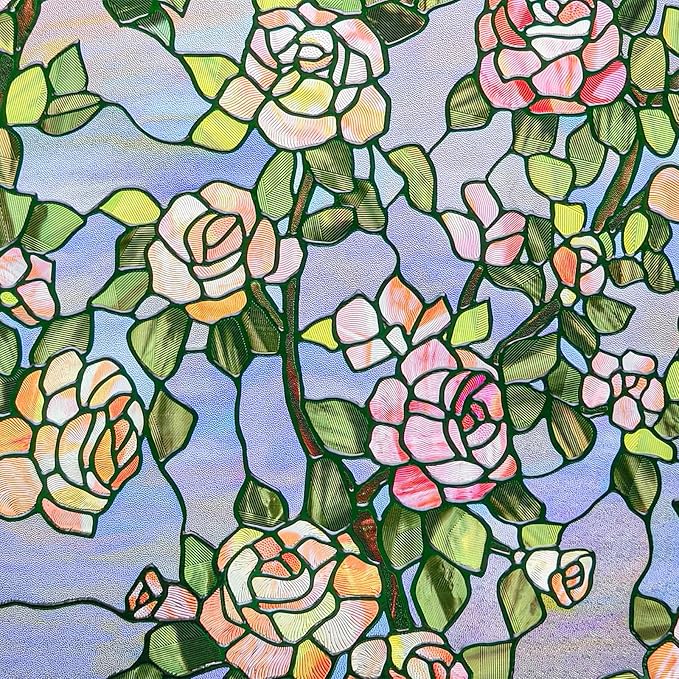 3D Stained Glass Window Film, Decorative Window Privacy Film for Bathroom, Front Door, Home, Sun Blocking Heat Control, Static Cling, Beast Rose 23.6inch x 35.4inch