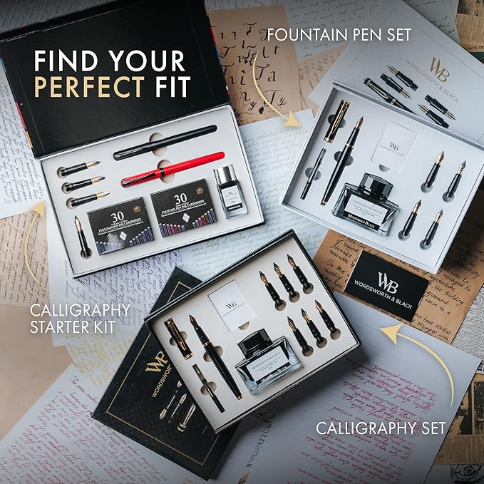 Wordsworth and Black Calligraphy Pen Set - Black - Includes 2 Calligraphy Pens, 18 ML Ink Bottle, 60 Ink Cartridges, Ink Refill Converter, 1 Medium and 4 Broad Nibs, Brush Pen