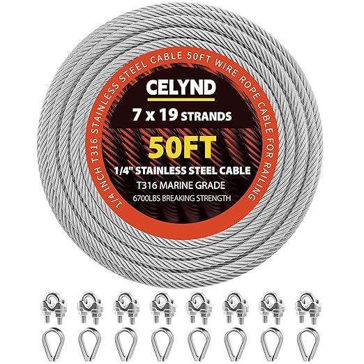 Stainless Steel Cable for Railing - 50FT 1/4" T316 Wire Rope with Clamps and Thimbles - 7 x 19 Strands 6700 LBS Breaking Strength for Outdoor Deck Railing Zipline