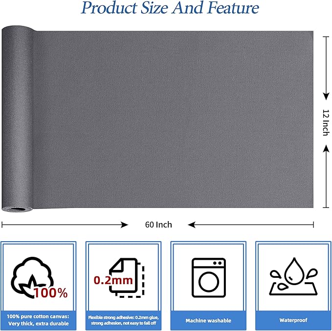 KING MOUNTAIN Canvas Iron on Patch,12"×60",Waterproof 100% Cotton Fabric Repair Patch,Used for Various Sofa,Tent,Clothes,Seats,Suitcases (Gray,Waterproof)