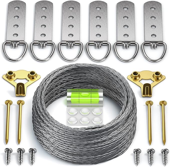Heavy Duty Picture Wire Hanging Kit - D-Ring, Screws, Hanging Hooks,Level. Supports up to 100 lbs 50+ Feet (15.25M) Stainless Steel Wire Hanger