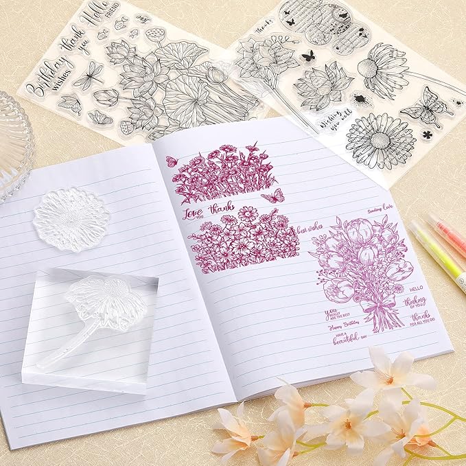 ORIGACH 9 Sheets Plants and Flowers Clear Stamps Silicone Transparent Stamps for Card Making Decoration and DIY Scrapbooking