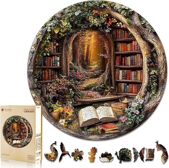 KAAYEE Wooden Puzzles for Adults, 3D Visual Effect Tree House Library Wooden Jigsaw Puzzle Unique Shape Wood Puzzle Adult, 3D Effect Flat Puzzle Birthday Family Games (S-8.5 * 8.5 in-100pcs)