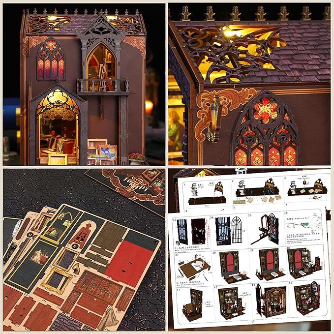 ISSEVE Book Nook Kit - DIY Miniature Dollhouse Booknook for Adults Teen, 3D Wooden Puzzle Tiny House Kit Bookshelf Decor, Gifts for Men Women Halloween Christmas Birthday (Art Studio)