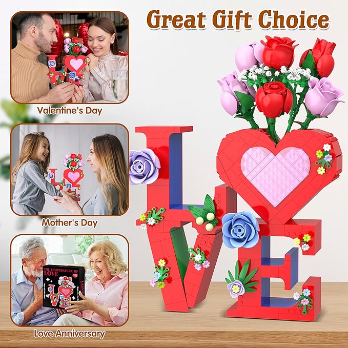 Romantic Love Heart Vase Building Set - 1216 Pcs Rose Flower Bouquet Building Kit for Adults - Creative Anniversaries Gifts for Women & Men, Unique Valentine’s Day Gifts for Her Him