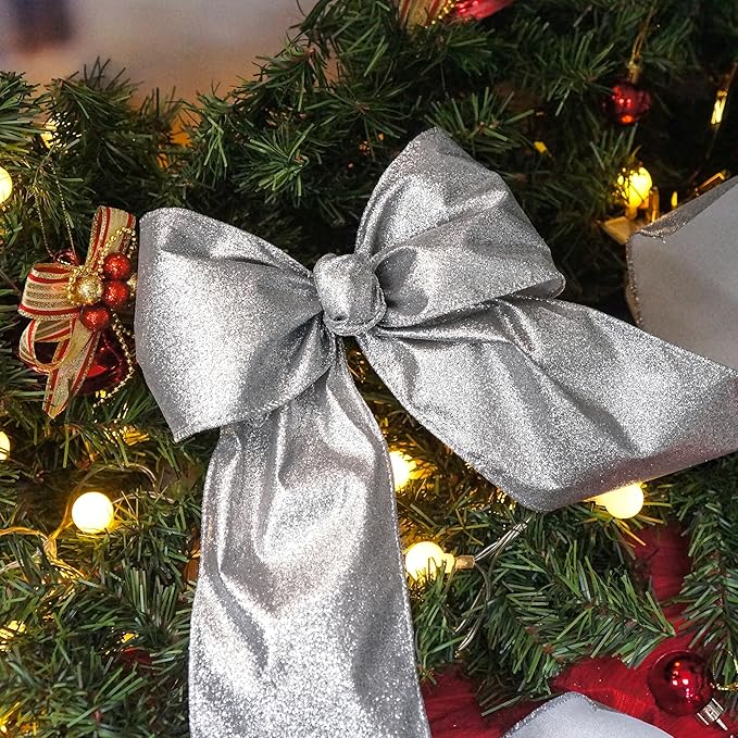 CT CRAFT LLC Glitter Wired Ribbon 4" x 10 Yards Silver for Christmas Home Decor Bow Gift Wrapping DIY Crafts Wreath