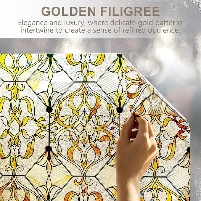 3D Stained Glass Window Privacy Film, Heat Control UV Blocking Static Cling Decorative Window Film for Bathroom,Front Door,Home Non Adhesive 16.9 x 39.3 inches Golden Filigree